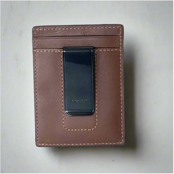 Coach Money Clip Card Case Mens Dark Saddle Leather C6702 Wallet Compact Slim - Picture 2 of 7